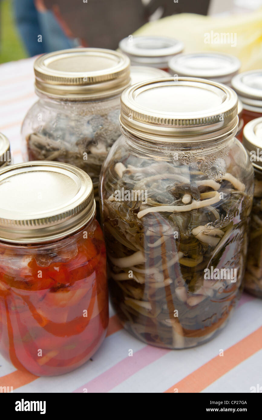 Home made canned vegetables on sale. Richwood, West Virginia, USA Stock Photo