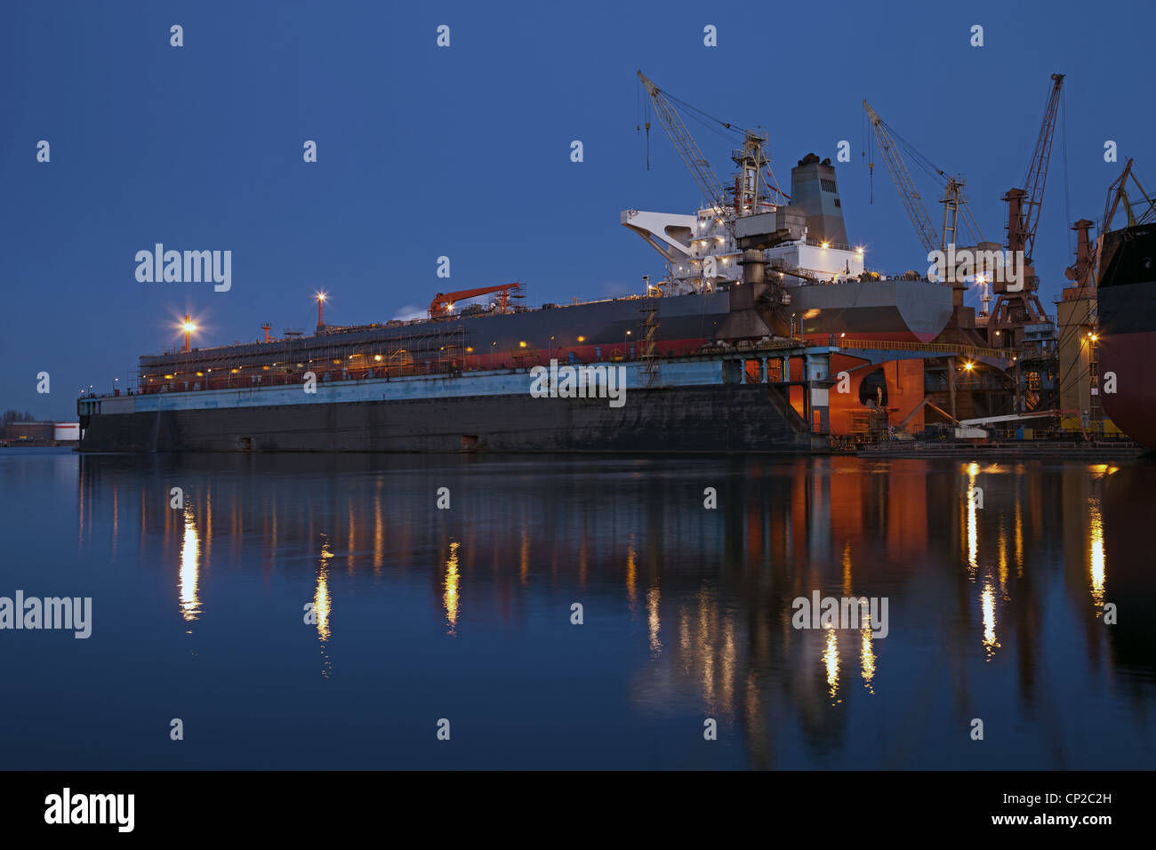 A large tanker ship is being renovated in shipyard Gdansk, Poland. Stock Photo
