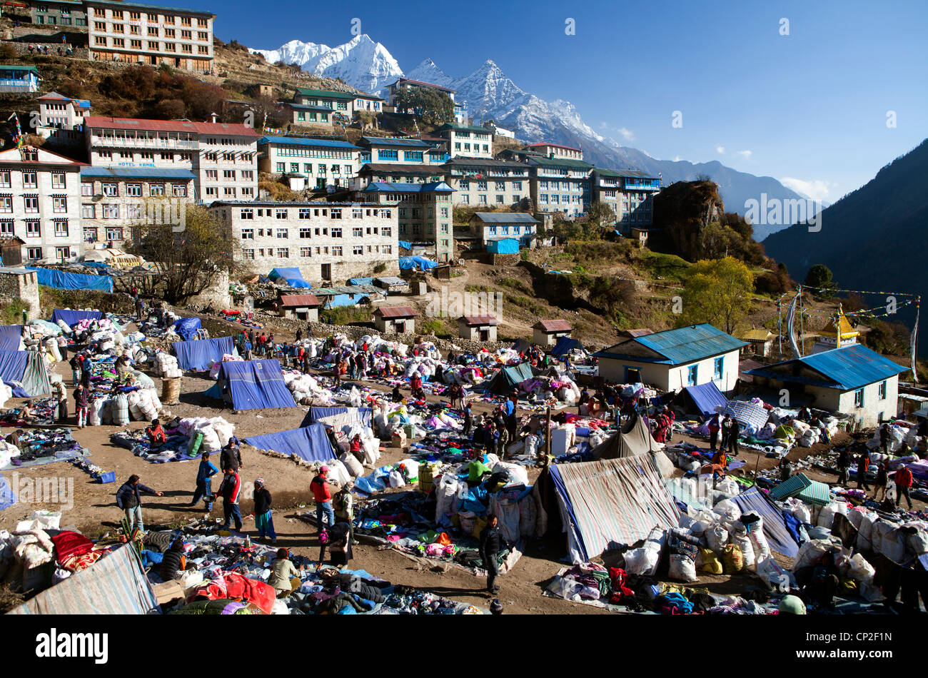 The Tibetan market at Namche Bazaar Stock Photo