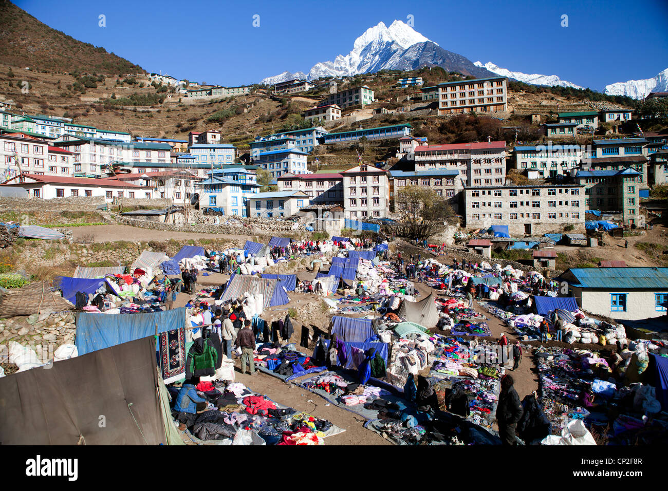 View over the Tibetan market at Namche Bazaar Stock Photo Alamy