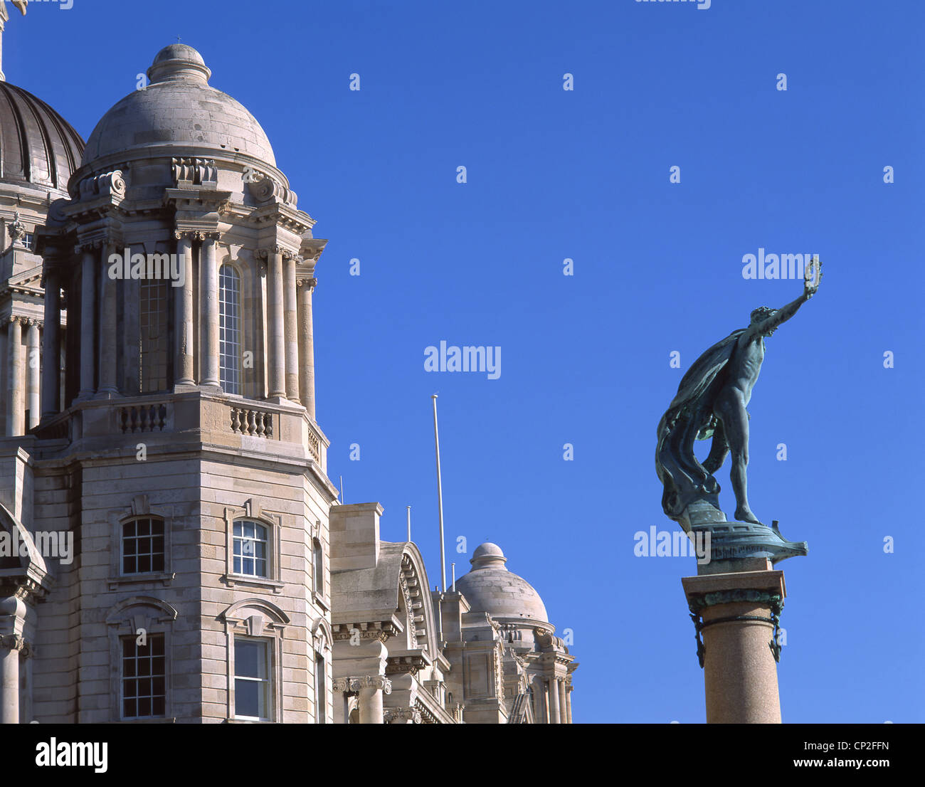 Port of Liverpool Building and War Memorial statue on Liverpool Pier Head, Liverpool, Merseyside, England, United Kingdom Stock Photo