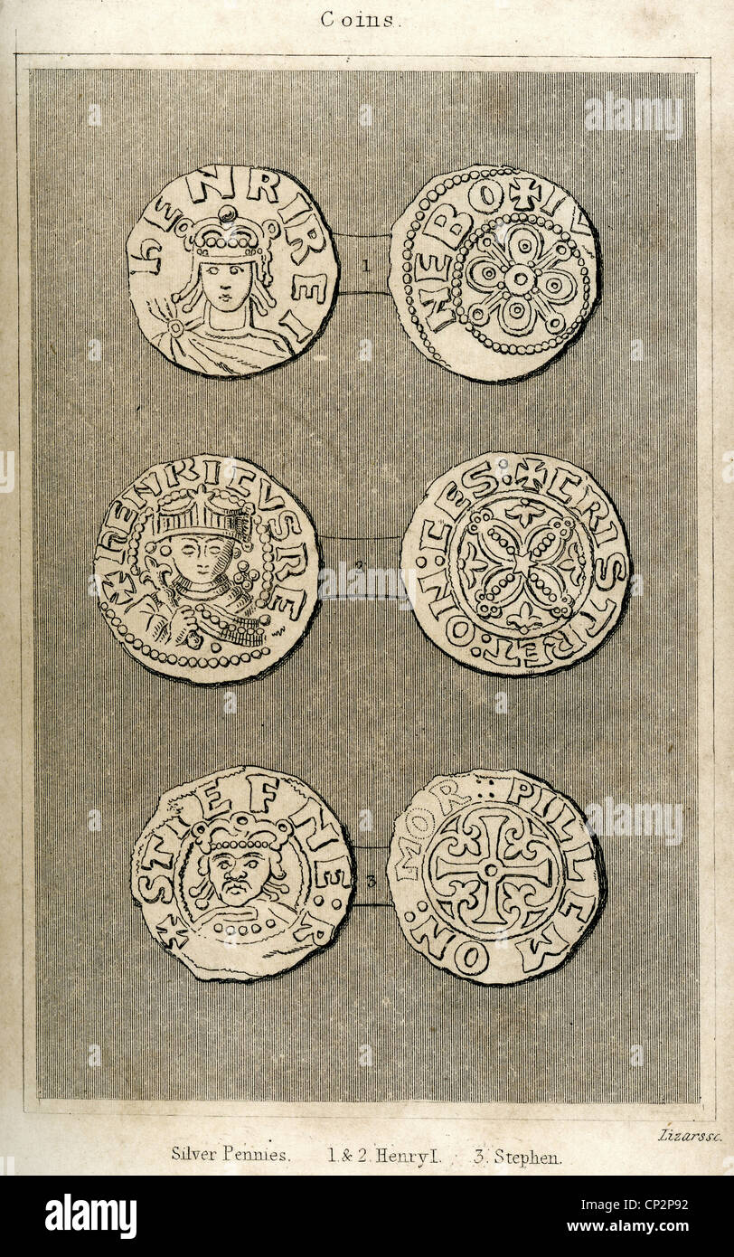 Illustration of Silver Pennies from the time of Kings Henry I and Stephen Stock Photo