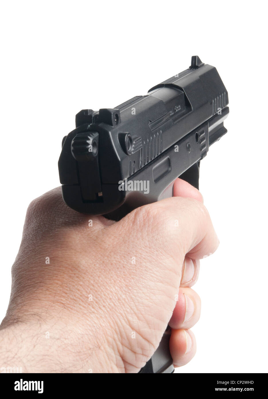 male hand pointing a gun Stock Photo