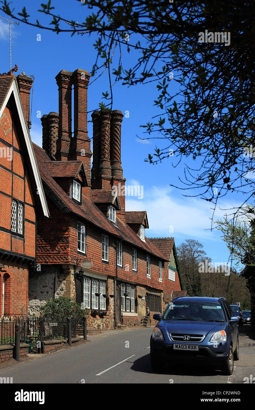 Chimneys on old cottage in Albury village,Surrey Hills, Surrey, England