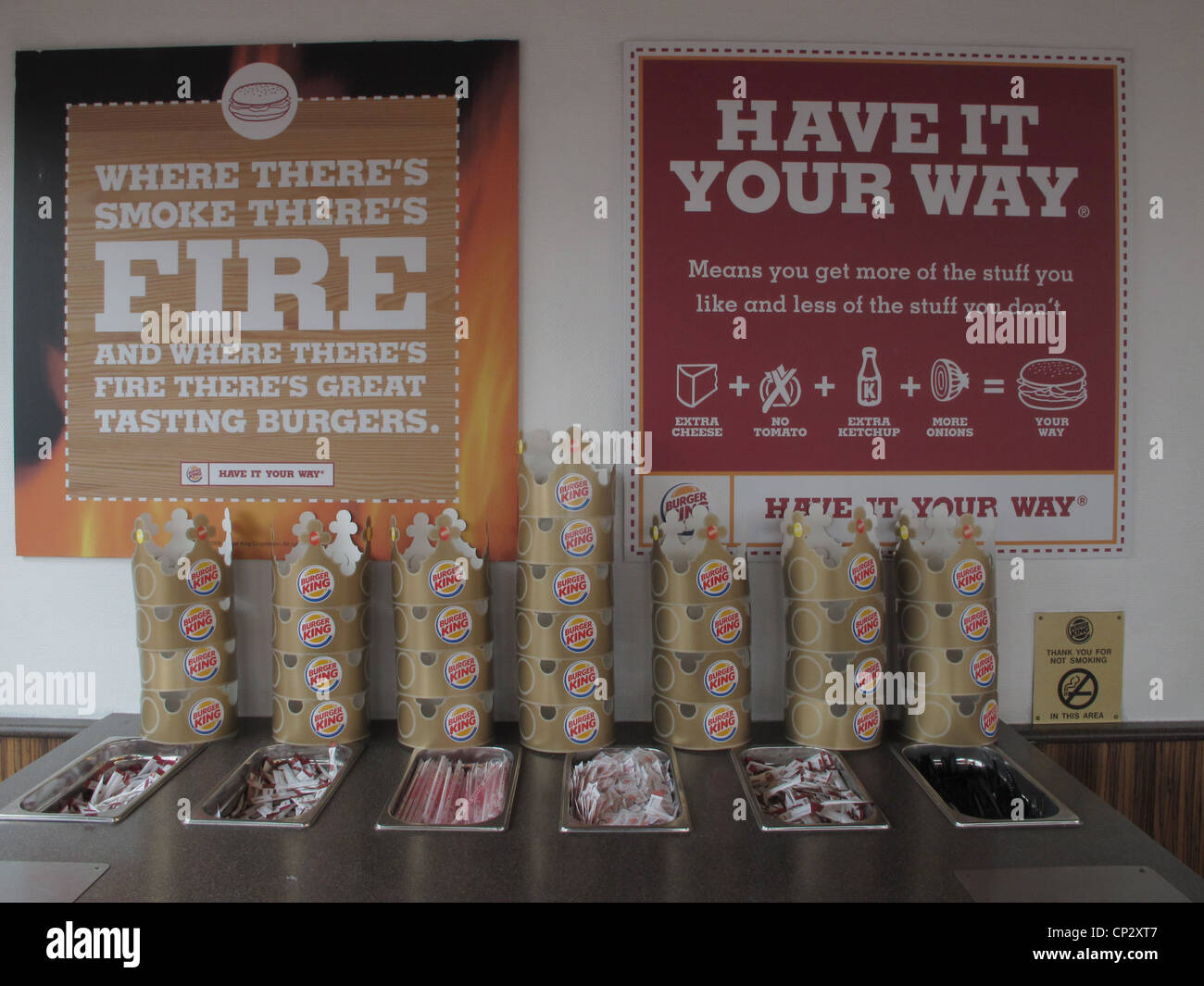 Party hats at a Burger King restaurant in London, UK Stock Photo