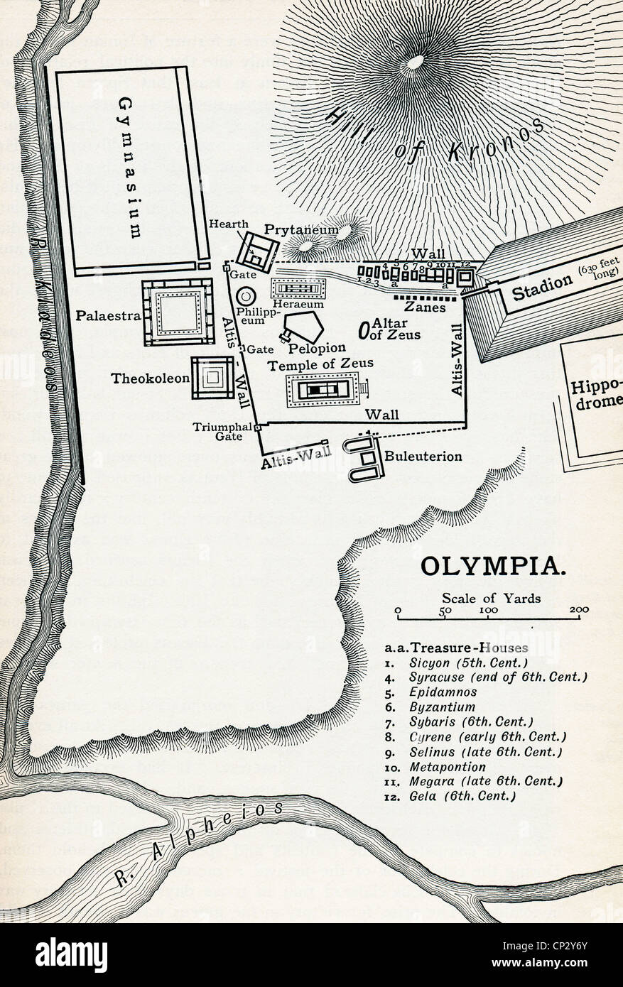 Plan of Olympia, Elis, Greece. Site of the Olympic Games in classical times. From a History of Greece, published 1900. Stock Photo