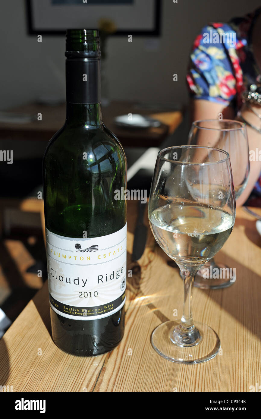 Bottle of Cloudy Ridge white wine from the Plumpton College estate vineyard East Sussex served