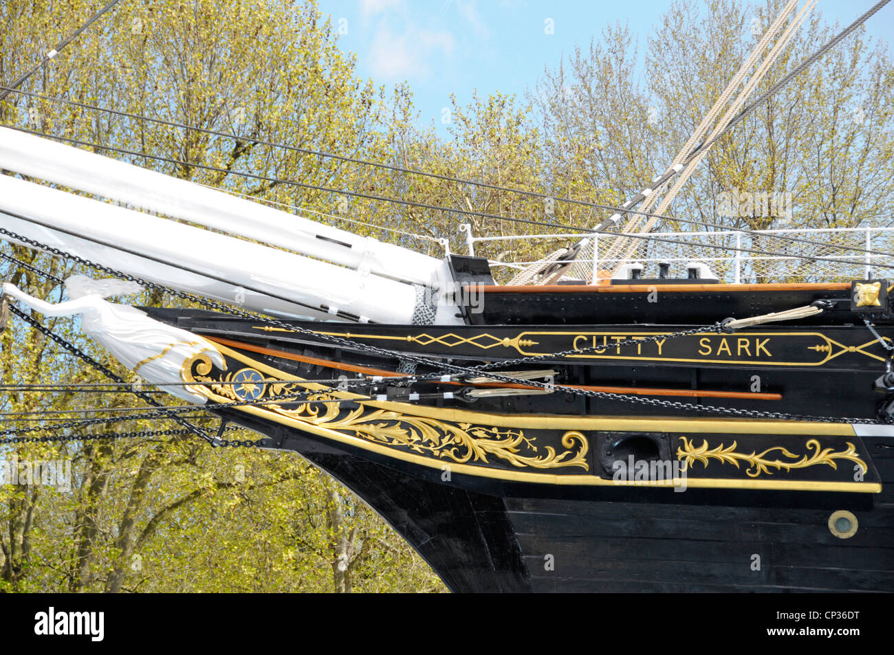 Cutty Sark clipper ship close up of bow detailing Stock Photo