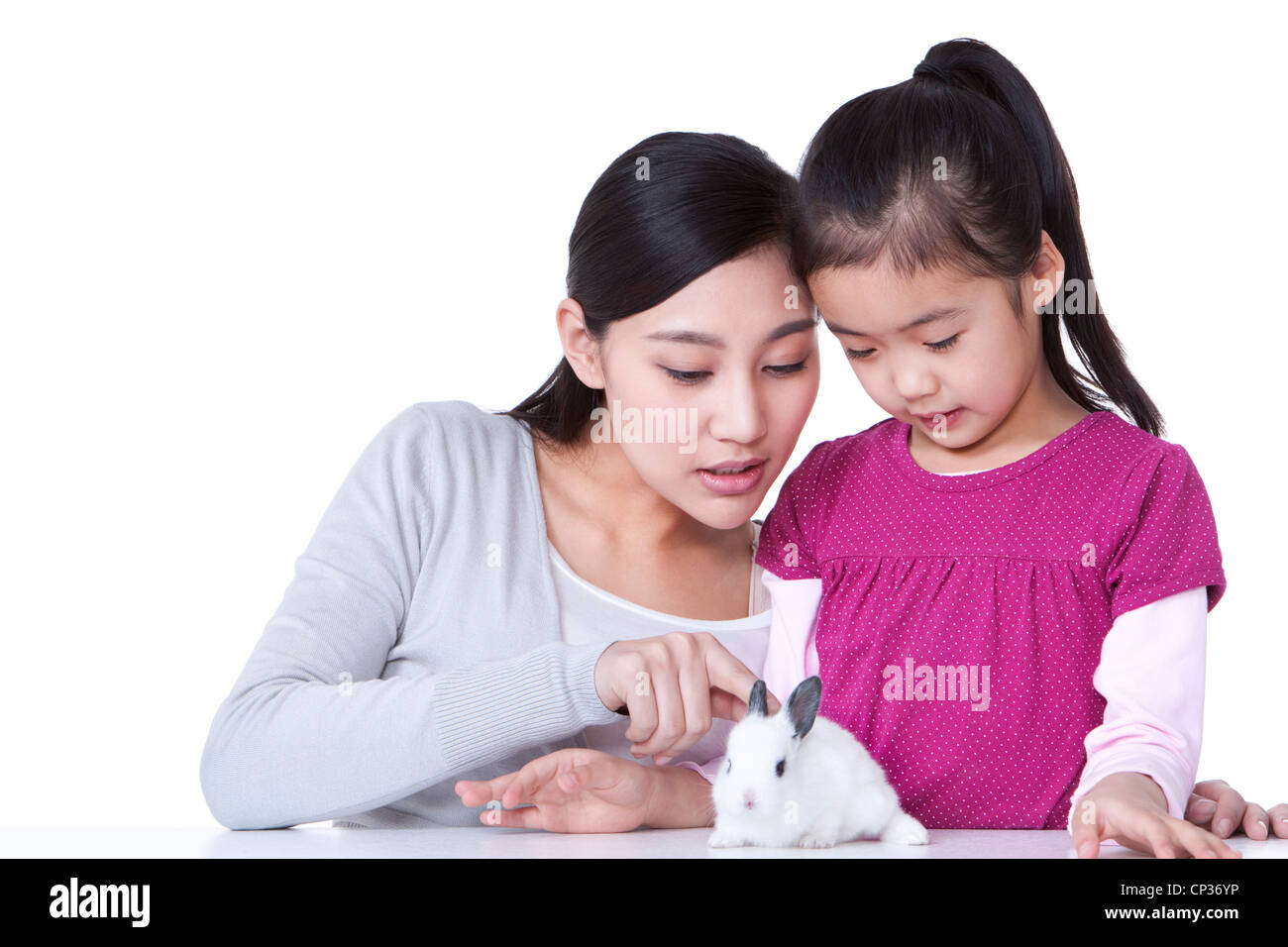 Mother and daughter playing with rabbit Stock Photo Alamy