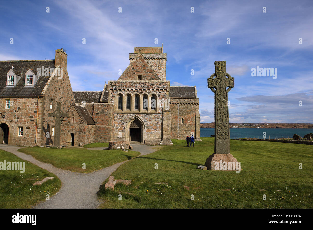Visitors at Iona Abbey on the Isle of Iona in Scotland Stock Photo