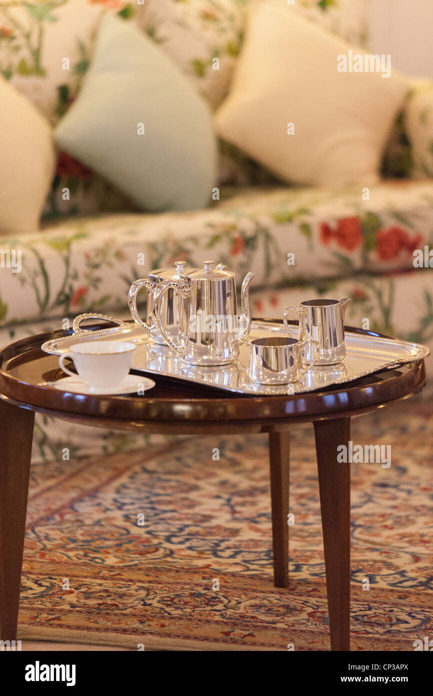 Tea service set up in the Queens royal sitting room on the Royal Yacht