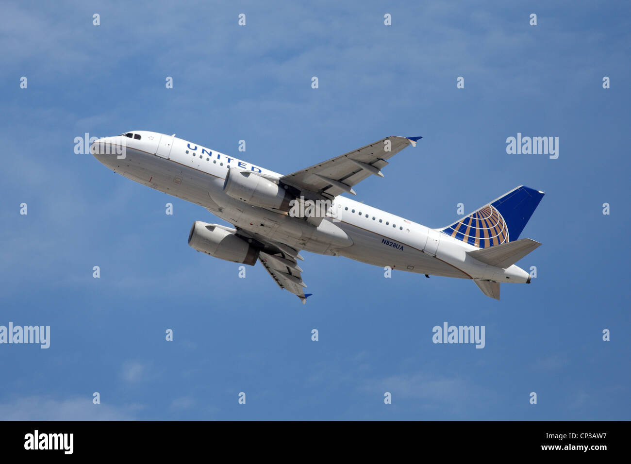 A United Airlines Airbus A319 takes off from Los Angeles Airport on April 24, 2012. The A319 is a shortened version of the A320 Stock Photo