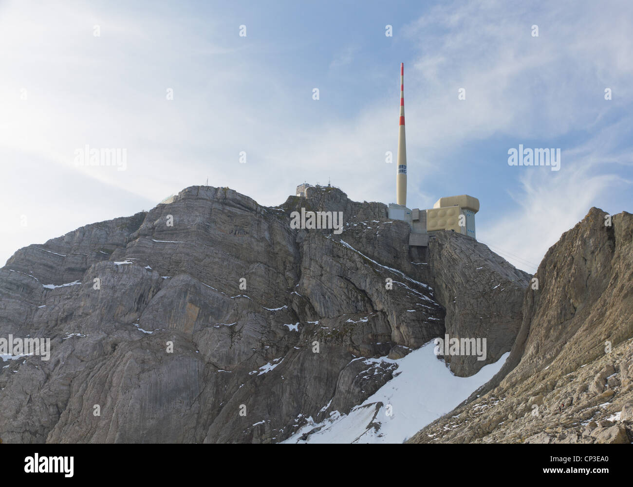 top of 2501 m high mountain Saentis with station and antenna on rocky ground, Switzerland Stock Photo