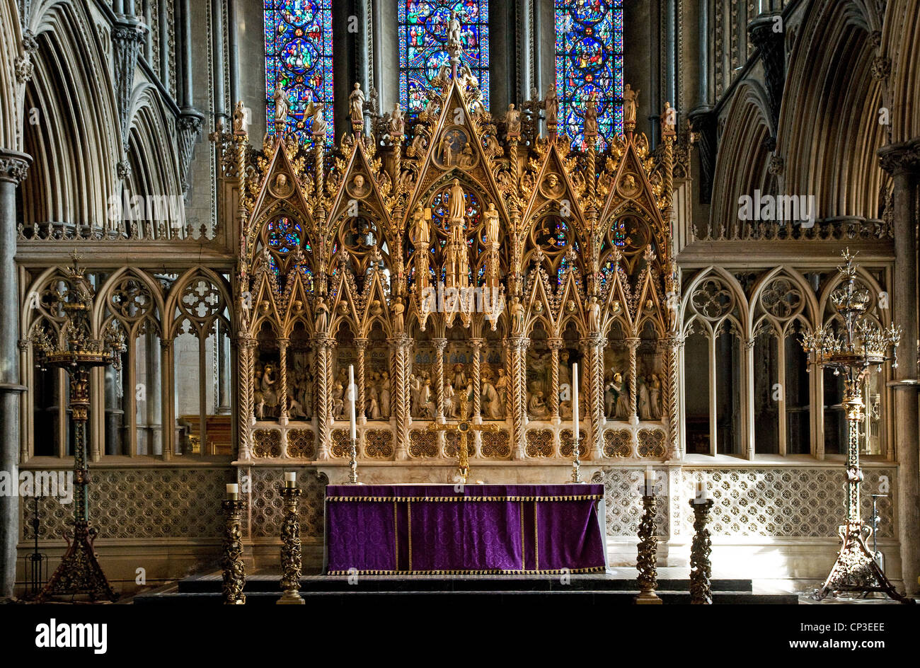 High altar and beautifully carved screen of Ely Cathedral Cambridgeshire England Stock Photo