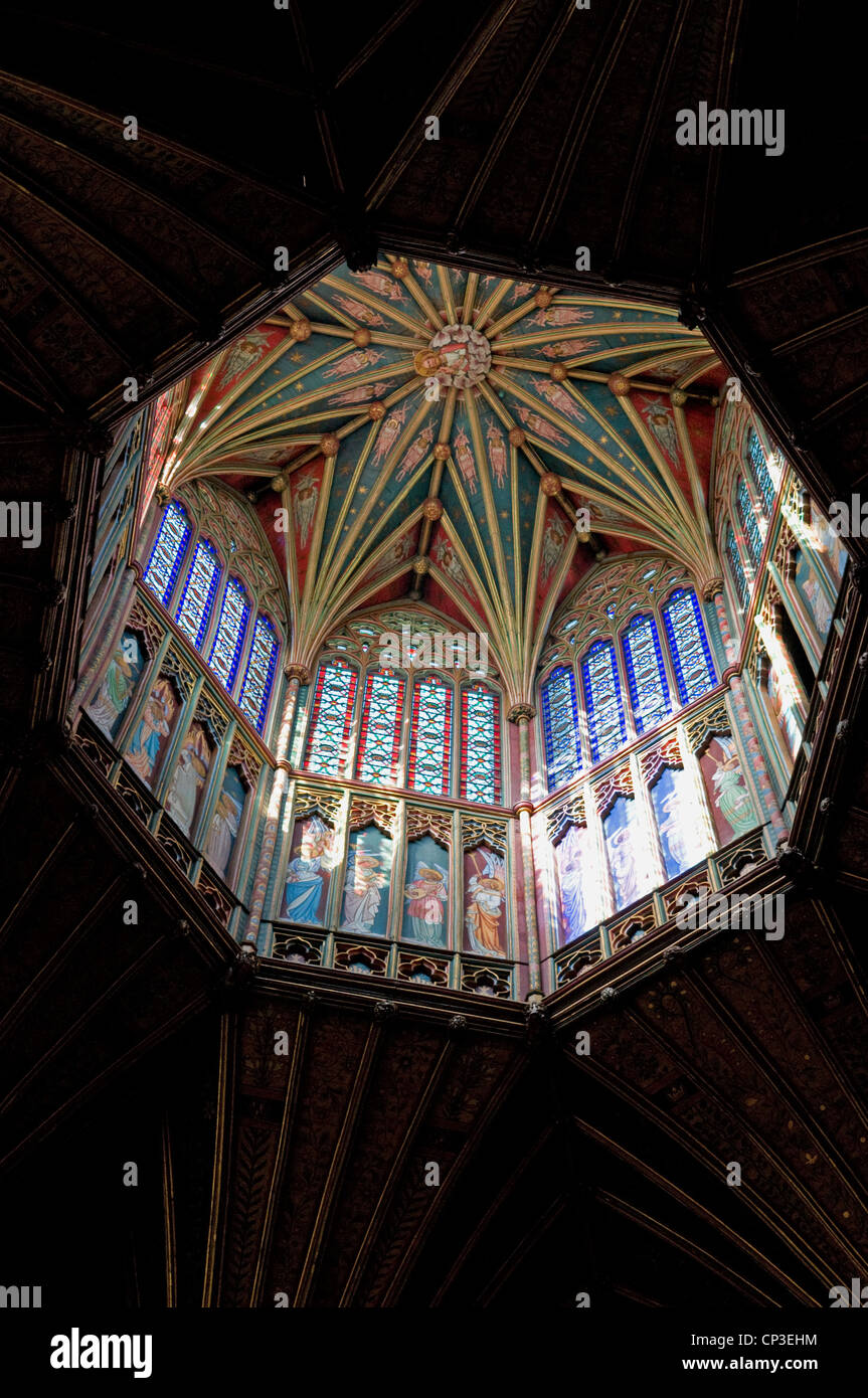 Looking up into the octagonal lantern of Ely Cathedral showing