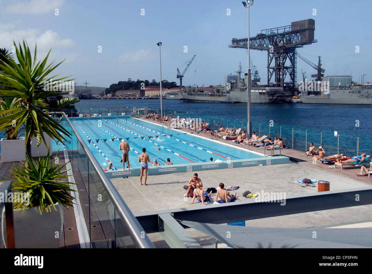 View of Boy Charlton open air Olympic size swimming pool with old Docks