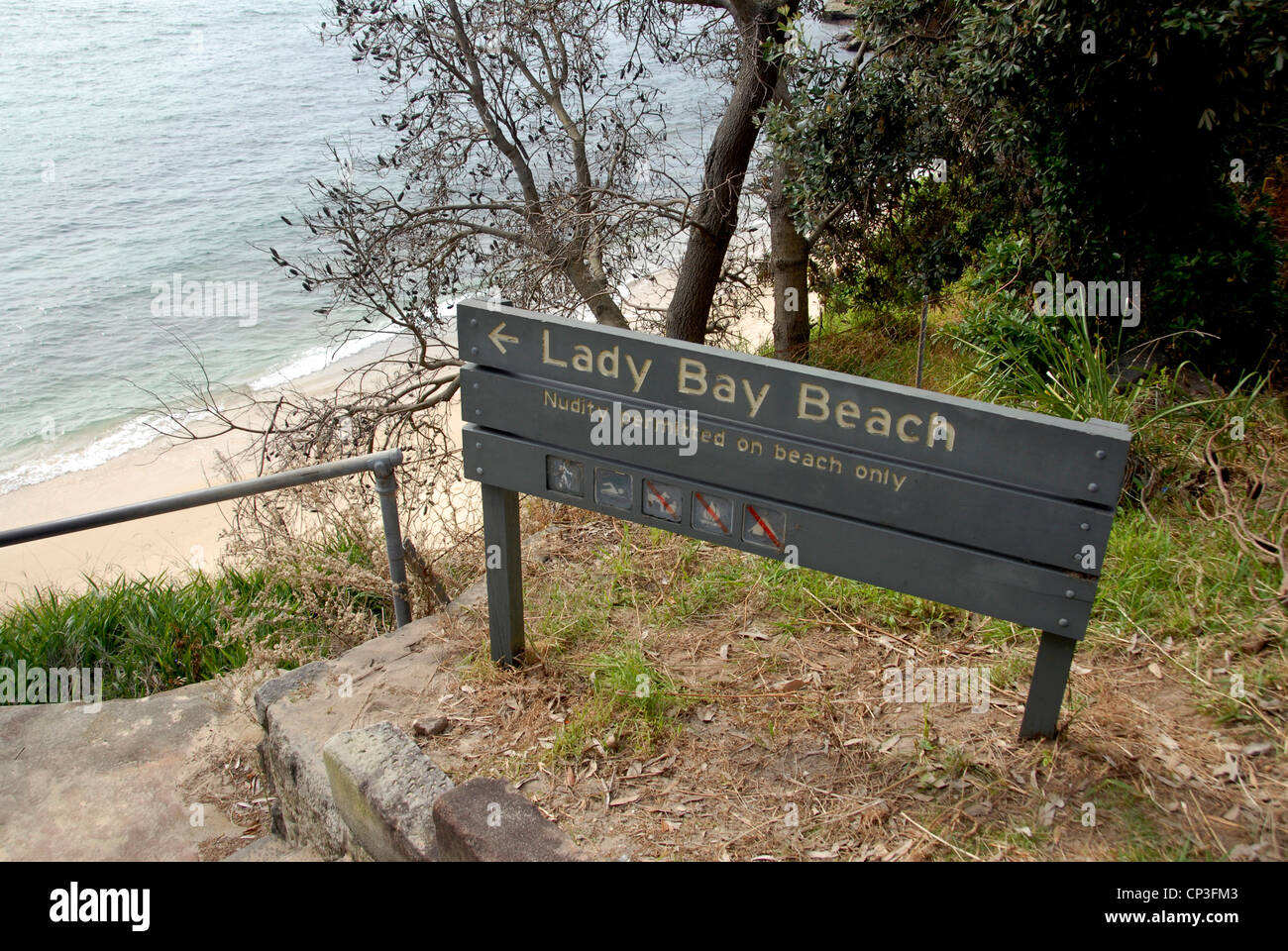 Sign for Lady Bay beach on Sydney Harbour a legal nudist beach in the