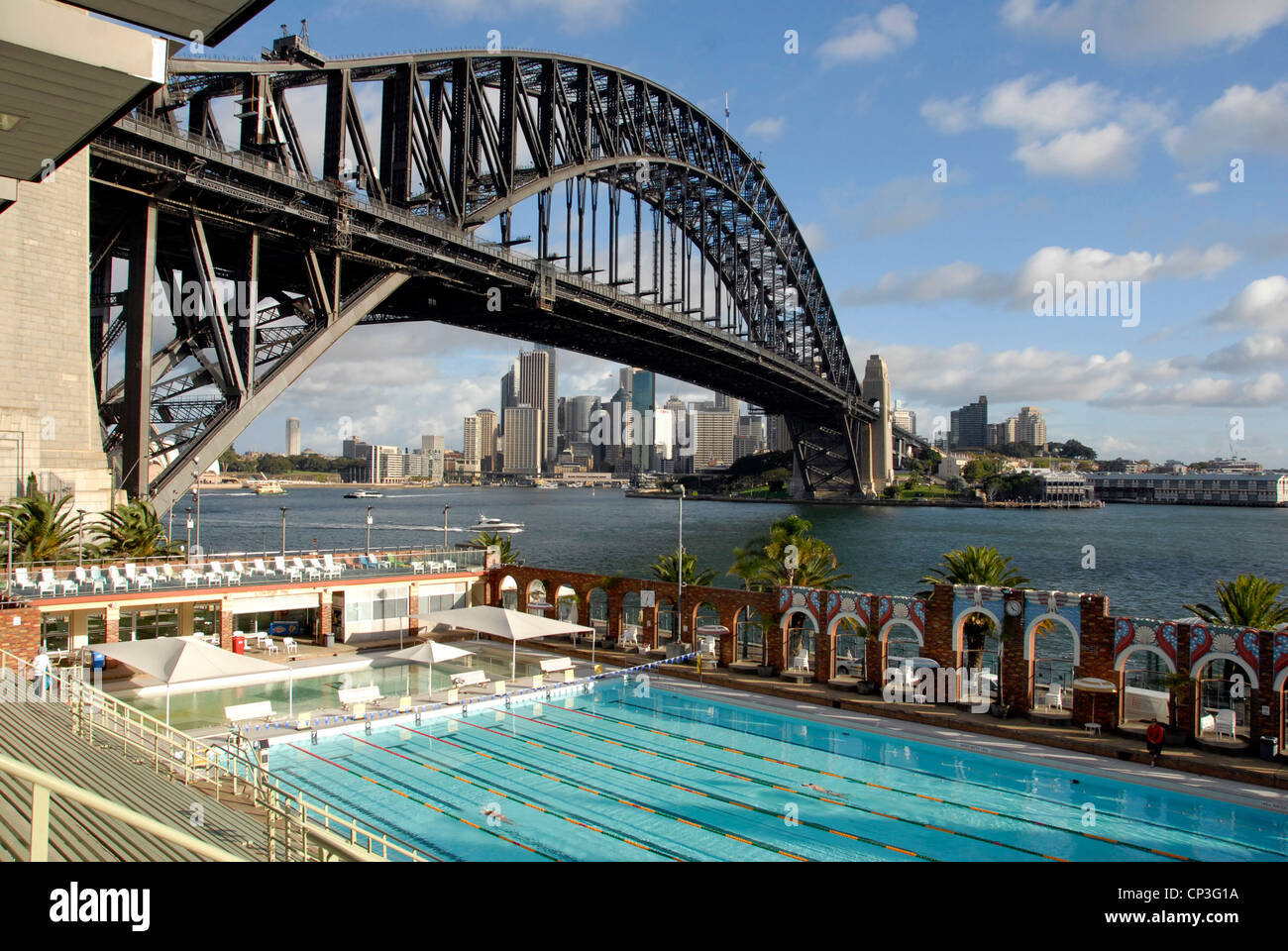 North Sydney Olympic Pool on Sydney Harbour close to Sydney Harbour Bridge where more than 80 world records were set, Australia Stock Photo