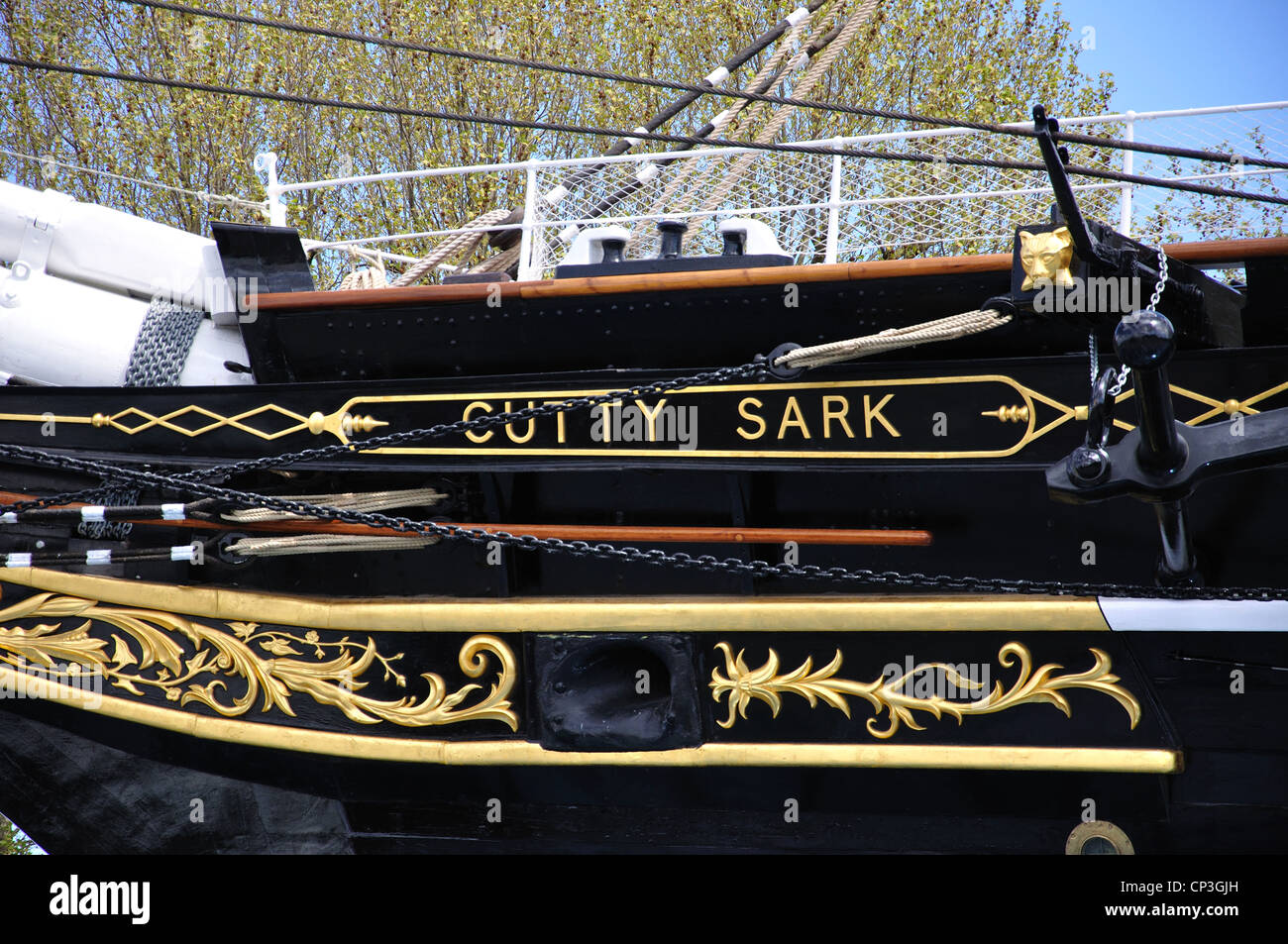 The restored 'Cutty Sark' Clipper Ship's bow, Greenwich, London Borough of Greenwich, Greater London, England, United Kingdom Stock Photo