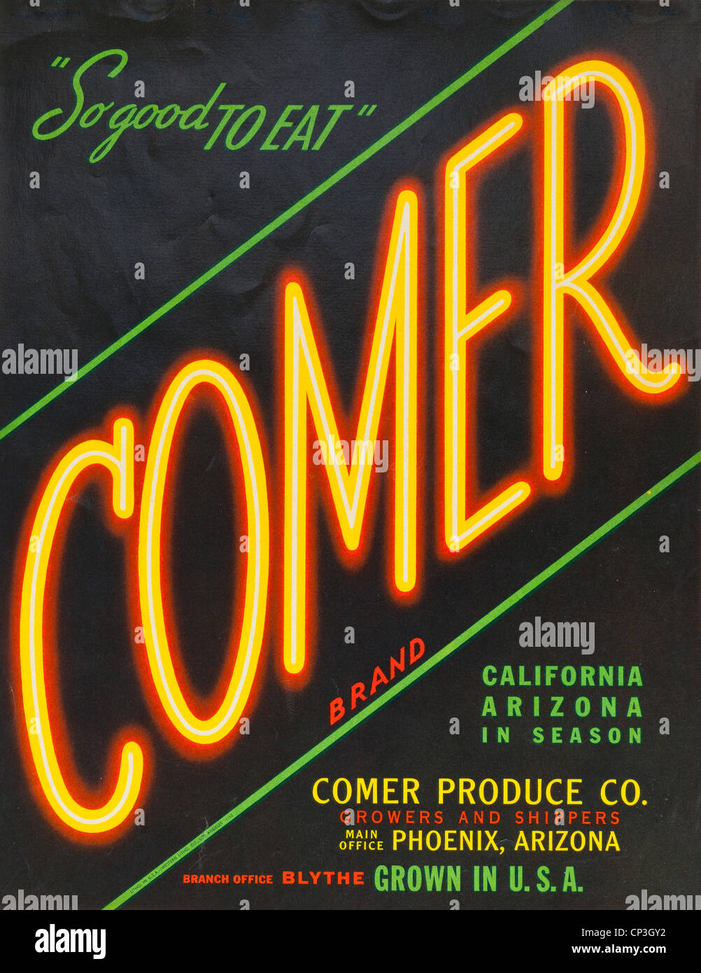 USA 1940s vegetable crate label - 'Comer' - 'So good to eat' Stock Photo