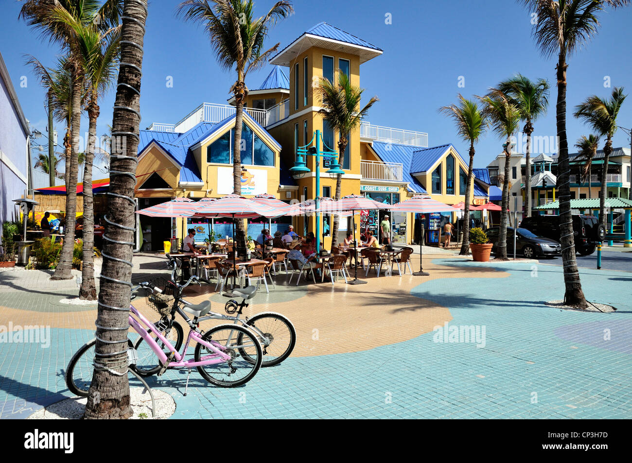 A pair of bicycles at the Times Square section of Fort Myers Beach, Florida Stock Photo