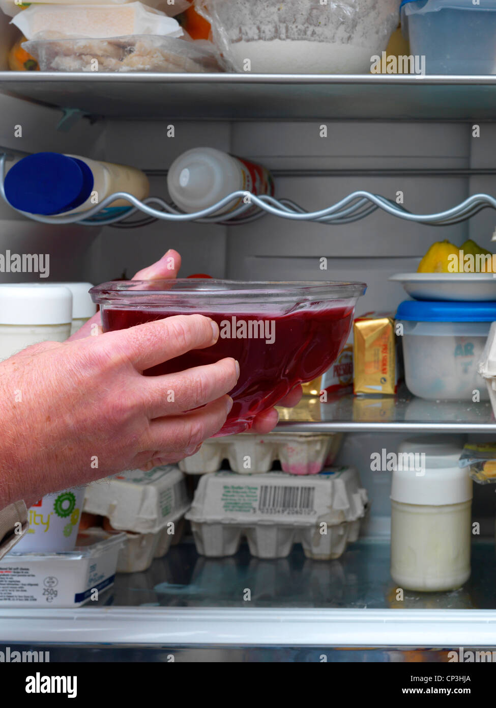 Putting Raspberry Jelly into Fridge to Set Using a Rabbit Shaped Jelly