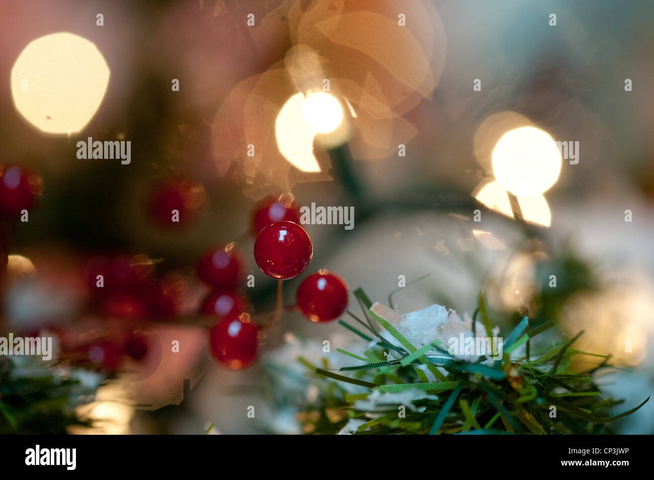 Decorative holly with lights in party decoration Stock Photo