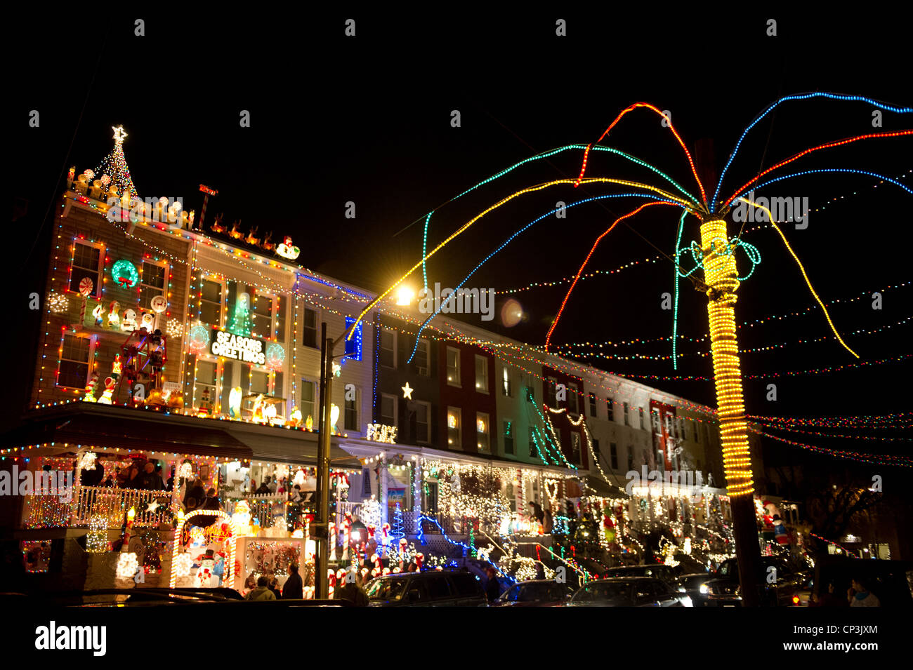 Lights decorates houses on 34th Street in Hampden, Baltimore, Maryland Stock Photo