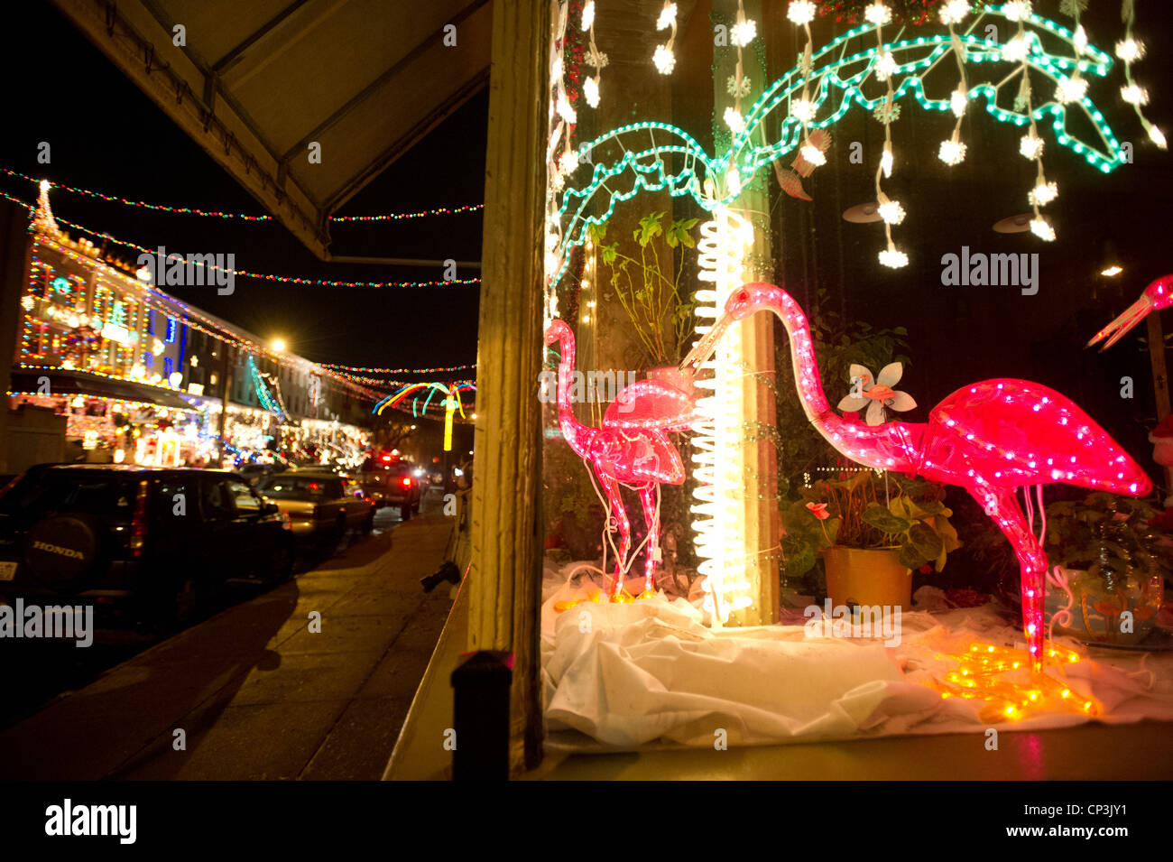 Lights decorates houses on 34th Street in Hampden, Baltimore, Maryland Stock Photo