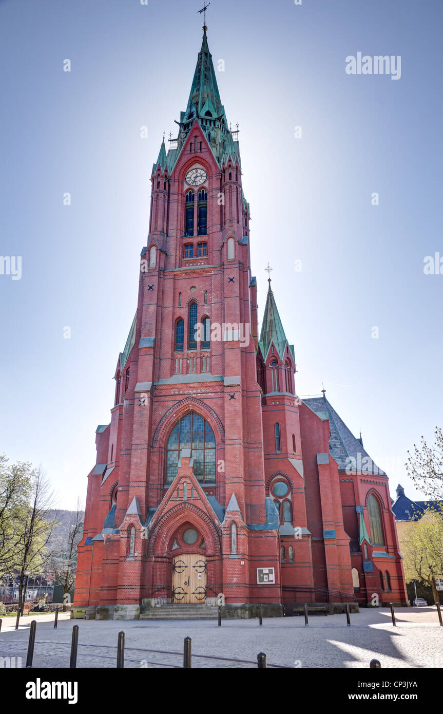 A picture of the church 'johanneskirken' in Bergen city, Norway. With the sun shining from behindBuilt between 1888 and 1894 Stock Photo