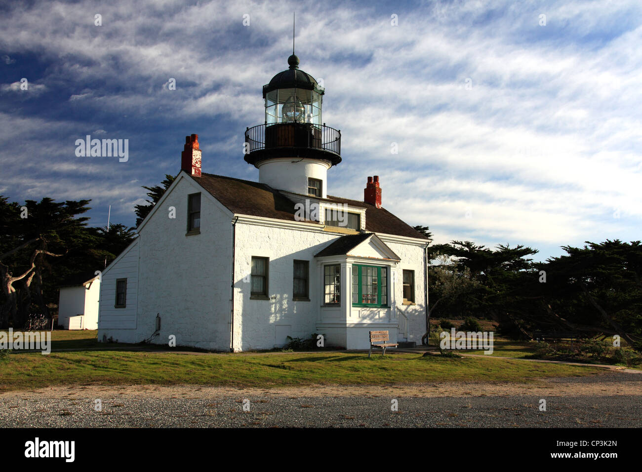 Photo of the Pt. Pinos Lighthouse on the Monterey Peninsula at dusk, California coast, USA Stock Photo