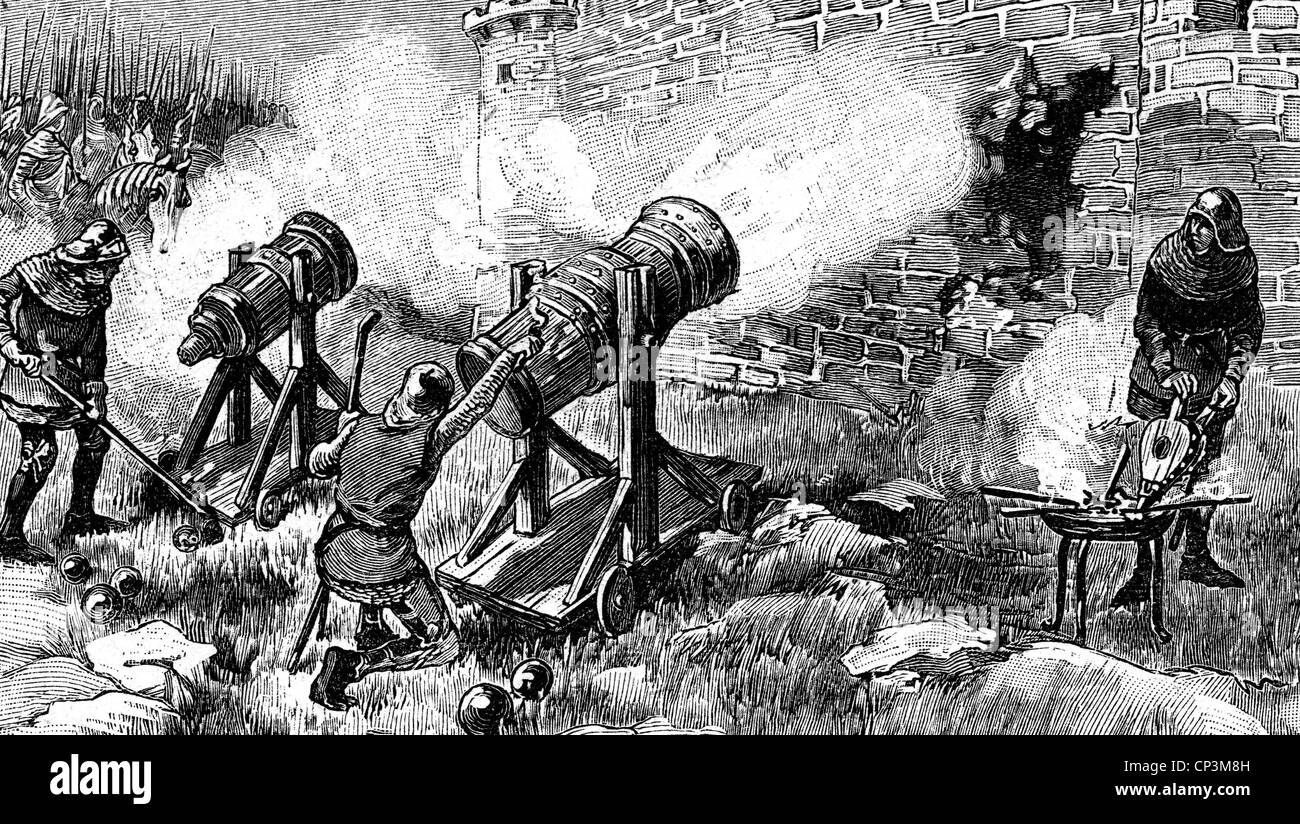 military, artillery, cannon, bombardement of a castle with bombards
