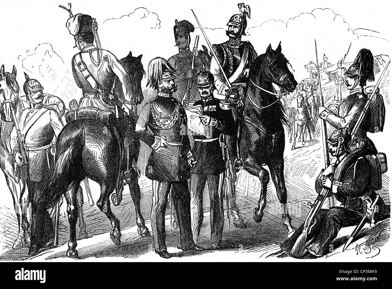 military, Germany, Prussia, army, various soldiers: dragoon, hussar of the guards, general, staff officer, Garde du Corps, infantryman of the guards, infantryman of the line, wood engraving after drawing by Hermann Scherenberg, circa 1870, Additional-Rights-Clearences-Not Available Stock Photo