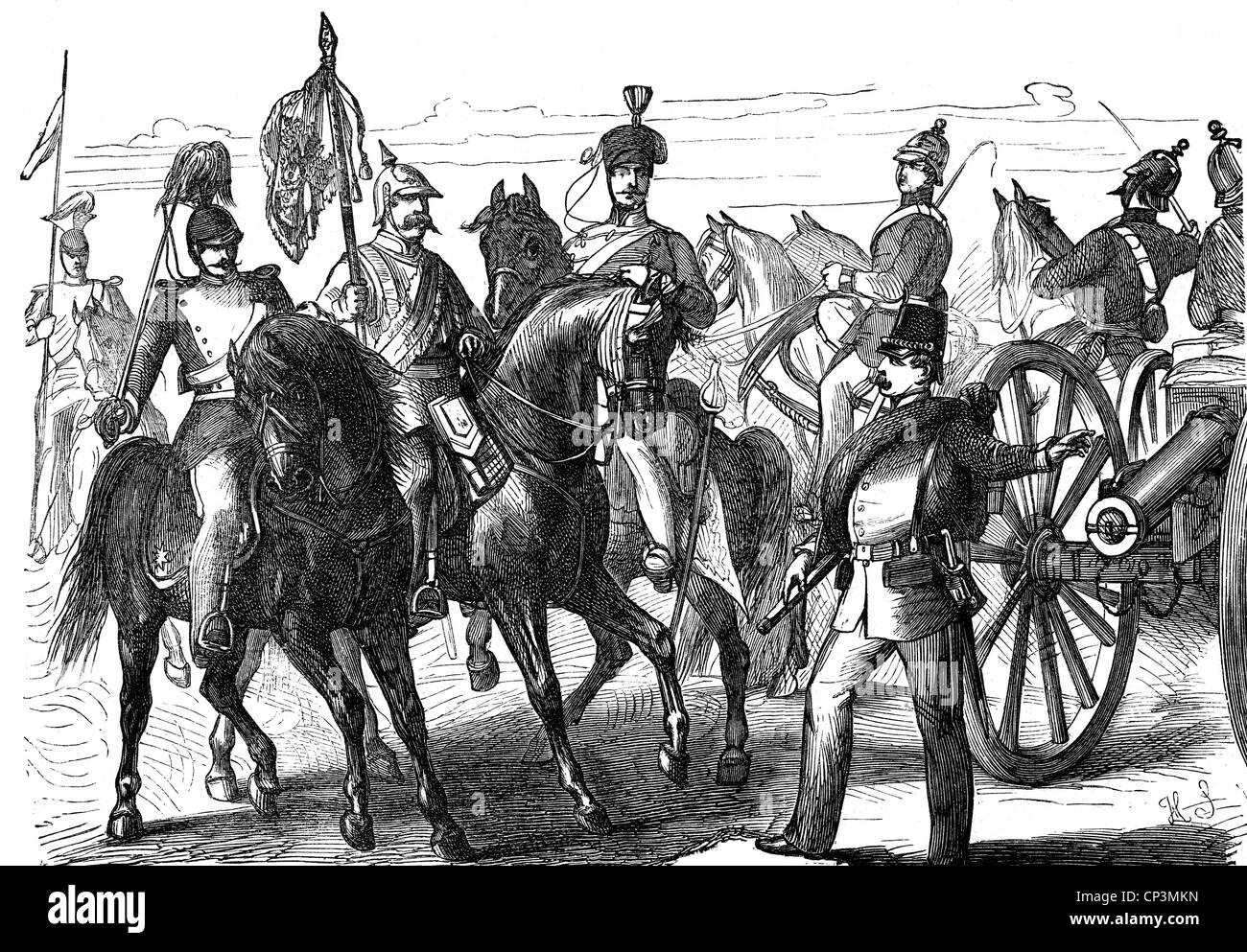 military, Germany, Prussia, army, various soldiers: lancer, lancer officer, cuirassier, husar, rifleman, artillerymen with sixpounder gun, wood engraving after drawing by Hermann Scherenberg, circa 1870, Additional-Rights-Clearences-Not Available Stock Photo