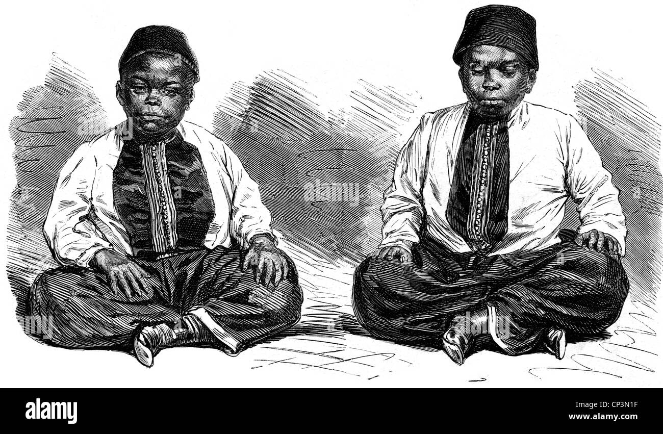 people, ethnology, men, Central Africa, pygmies, two Akka men, brought to Europe by the Italian Africa explorer Giovanni Miani, wood engraving after photo, published in 'Illustrirte Zeitung', 27.6.1874, Additional-Rights-Clearences-Not Available Stock Photo