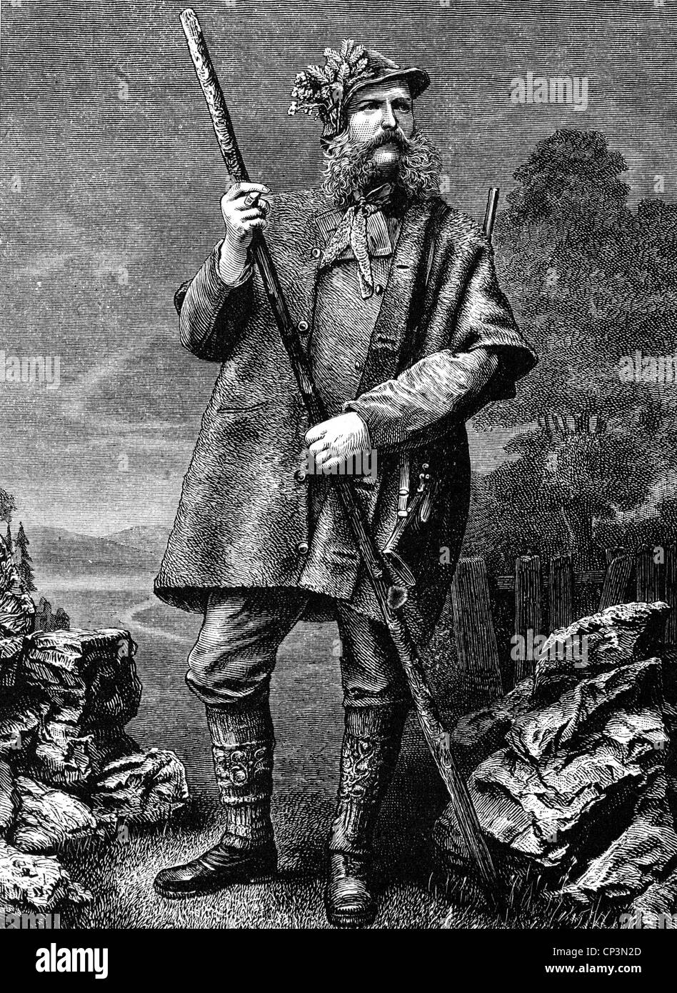 Lehndorff-Steinort, Karl Meinhard Graf von, 20.10.1826 - 28.10.1883, German diplomat, full length, as hunter in the Alps, wood engraving, 19th century, Stock Photo
