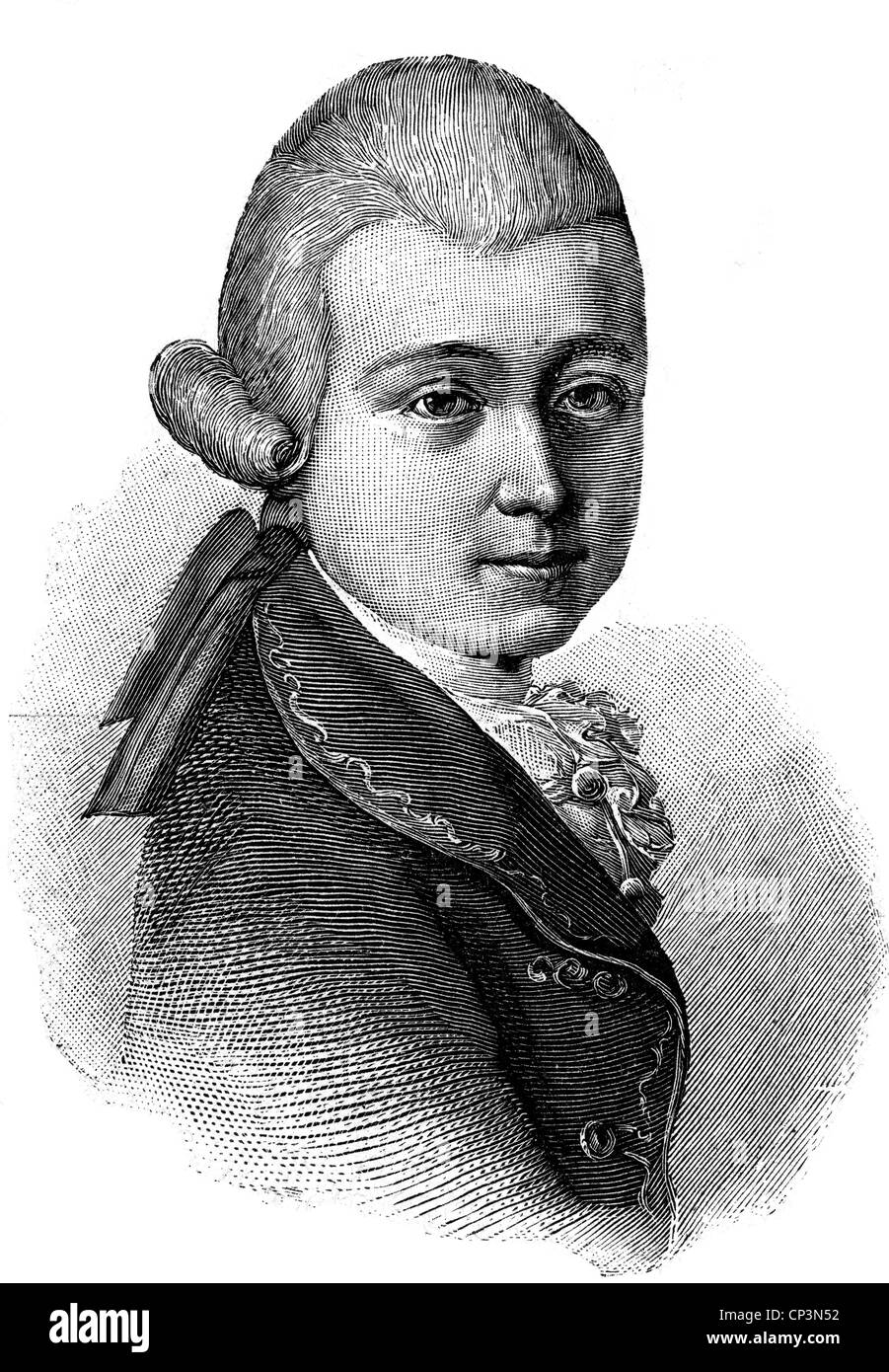 Mozart, Wolfgang Amadeus, 27.1.1756 - 5.12.1791, Austrian composer, portrait, as 13 year old boy, wood engraving, 19th century, Stock Photo