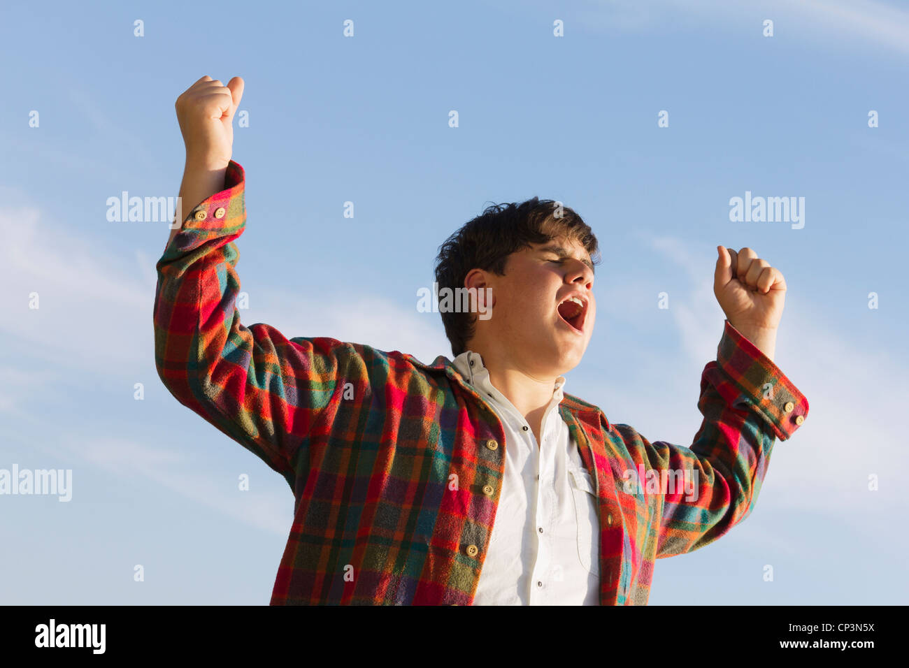 Cry out for joy - young teenage boy with raised arms feeling free. Sunny summer outdoor shot against a blue sky. Stock Photo