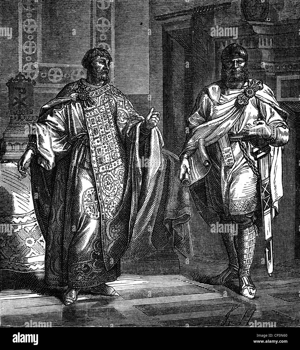 Nikephoros II Phokas, 912 - 11.12.969, Byzantine Emperor 963 - 969, full length, with the envoy of the Holy Roman Emperor Otto I (912 - 973), wood engraving, 19th century, Stock Photo