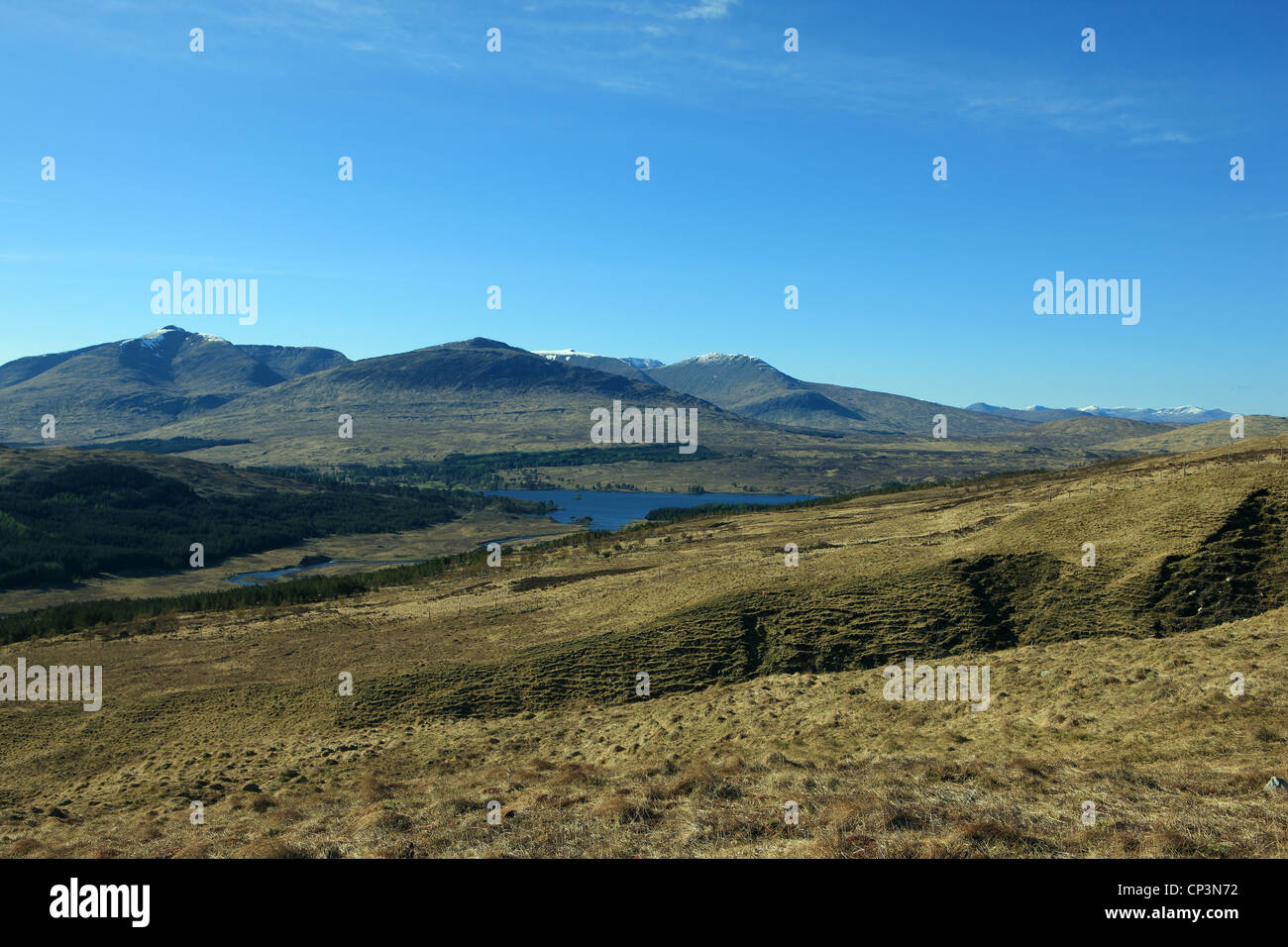 View to Loch Tulla from the path to Beinn Dorain and Beinn an Dothaidh with Beinn Toaig (839m) behind the Loch Stock Photo