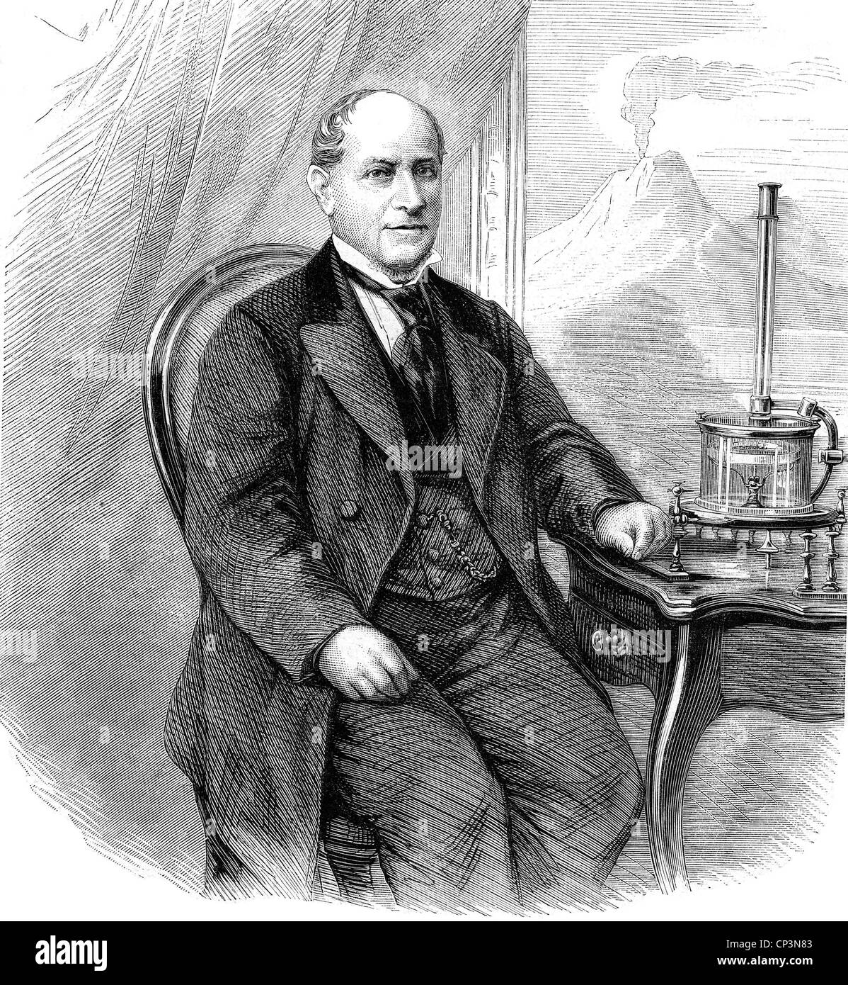 Palmieri, Luigi, 22.4.1807 - 9.9.1896, Italian meteorologist, director of the Vesuvius Observatory 1854 - 1896, half length, sitting, wood engraving, 19th century, Stock Photo