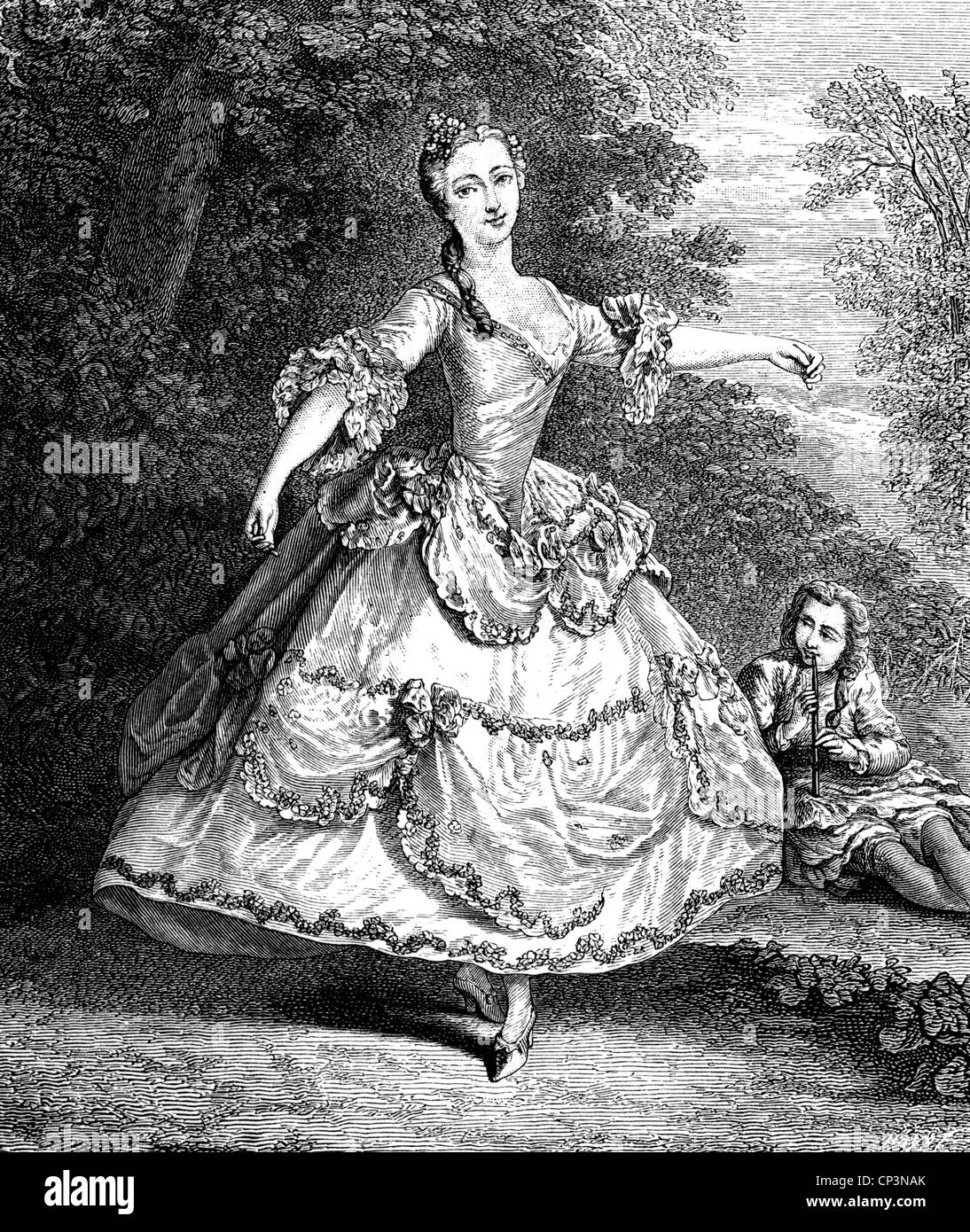 Salle, Marie, circa 1707 - 27.7.1756, French dancer, full length, dance, wood engraving, 19th century, after painting by Nicolas Lancret, Stock Photo