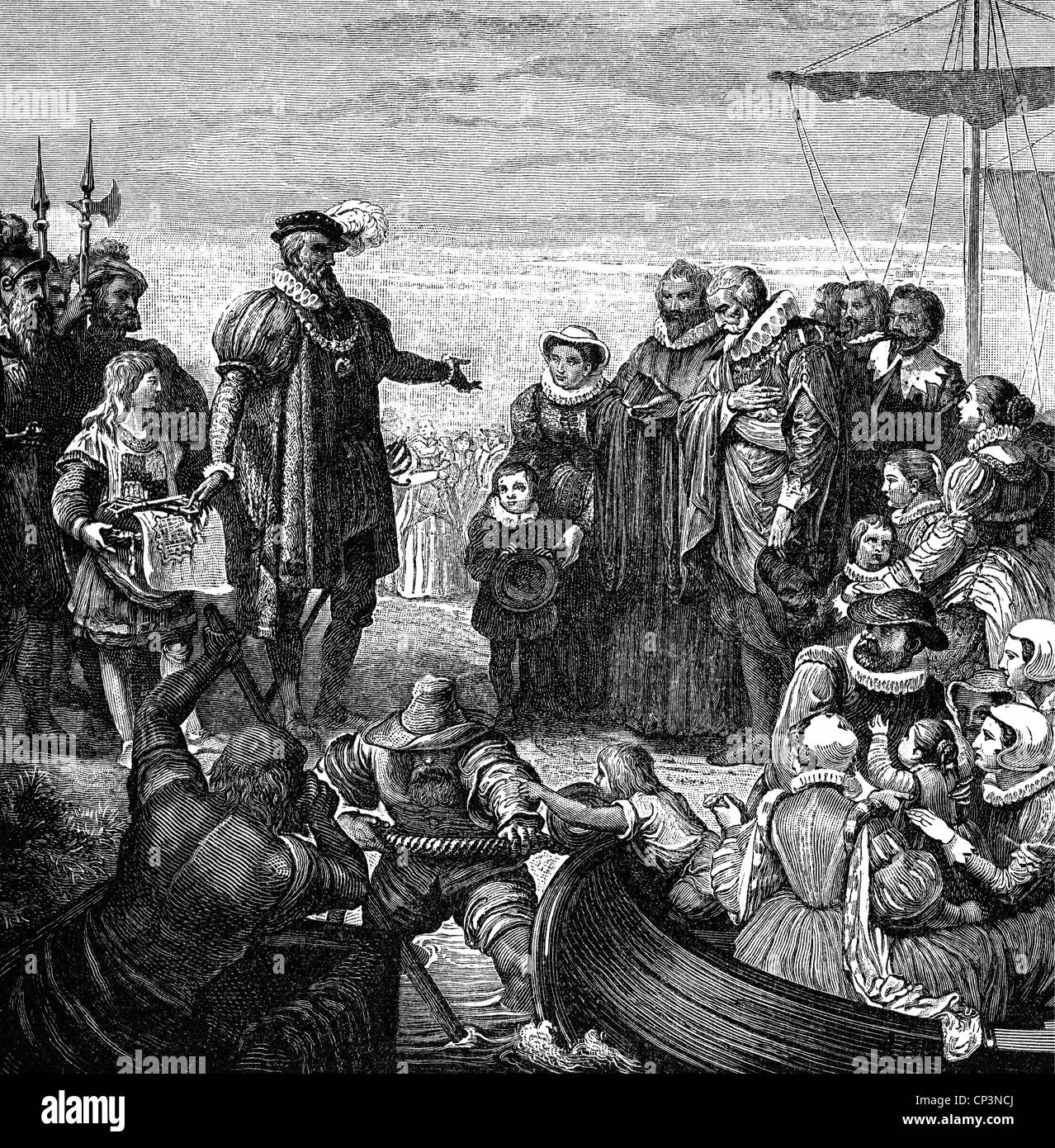 Frederick III 'the Pious', 14.2.1515 - 26.10.1576, Elector Palatinate 12.2.1559 - 26.10.1576, giving exile to Dutch calvinists, 1562, wood engraving, 19th century, Stock Photo