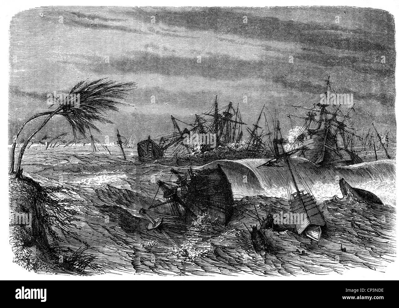 disaster, tempest, destruction after the storm on the Hooghly River, West Bengal, India, 5.10.1864, Additional-Rights-Clearences-Not Available Stock Photo