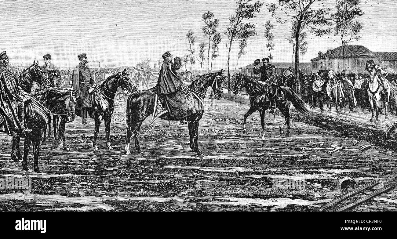 events, Franco-Prussian War 1870 - 1871, Siege of Metz 20.8. - 27.10.1870, surrender, marching out of the garrison, wood engraving, late 19th century, Prince Fredrick Charles of Prussia, Friedrich Karl, infantry, soldiers, France, Germany, Franco - Prussian, historic, historical, people, Additional-Rights-Clearences-Not Available Stock Photo