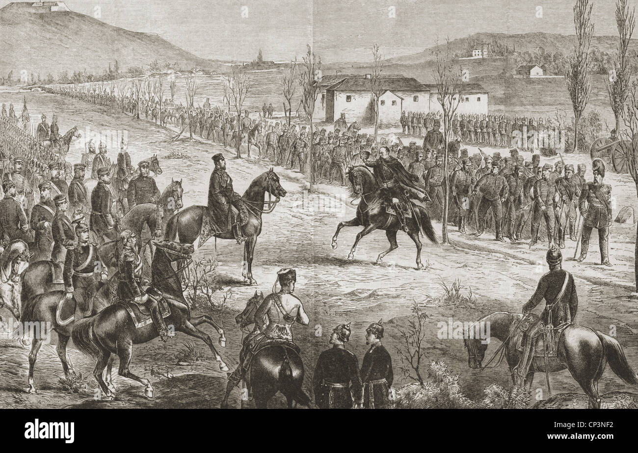 events, Franco-Prussian War 1870 - 1871, Siege of Metz 20.8. - 27.10.1870, surrender, marching out of the French Guard Corps, wood engraving, late 19th century, Prince Fredrick Charles of Prussia, Friedrich Karl, infantry, soldiers, Imperial Guard, prisoners of war, POWs, France, Germany, Franco - Prussian, historic, historical, people, Additional-Rights-Clearences-Not Available Stock Photo