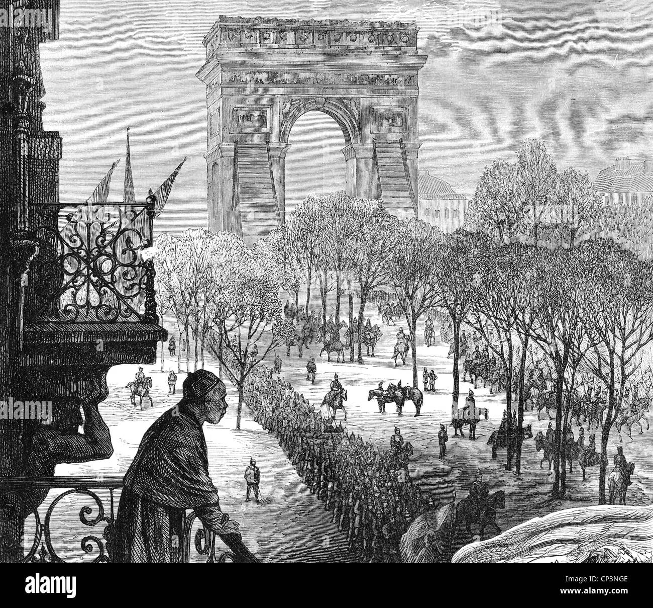 events, Franco-Prussian War 1870 - 1871, occupation of Paris, German troops entering the city, 1.3.1871, wood engraving, 19th century, Arc de Triomphe, soldiers, spectator, balcony, Germany, France, Franco - Prussian, historic, historical, people, Additional-Rights-Clearences-Not Available Stock Photo