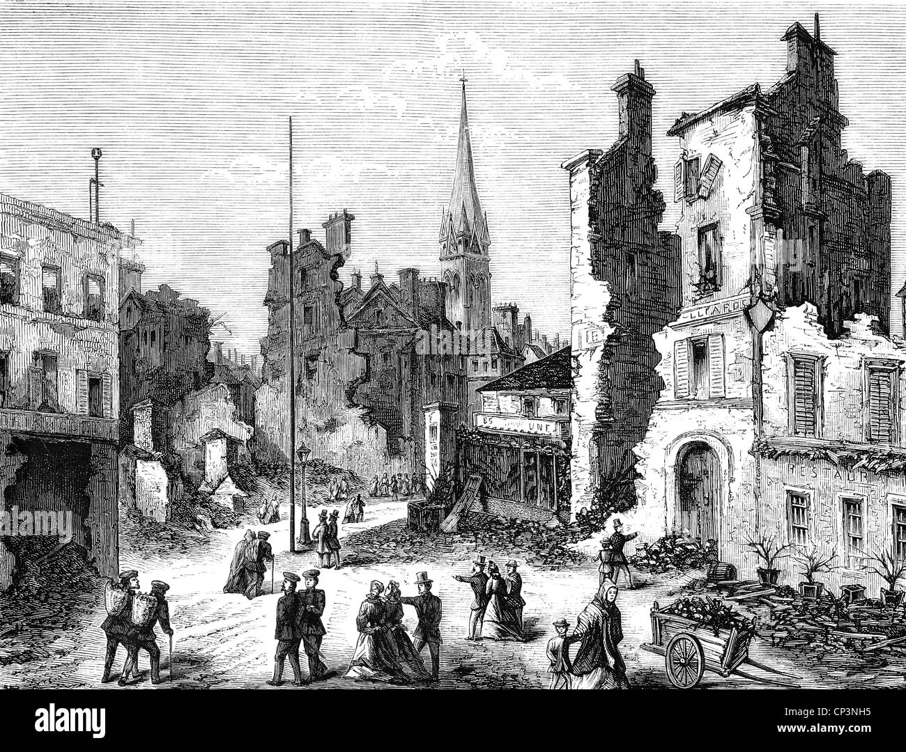 events, Franco-Prussian War 1870 - 1871, Siege of Paris, 19.9.1870 - 28.1.1871, bombardement, ruins of Saint Cloud, wood engraving, 19th century, destruction, damage, civilists, misery, shelling, France, France, Franco - Prussian, historic, historical, people, Additional-Rights-Clearences-Not Available Stock Photo