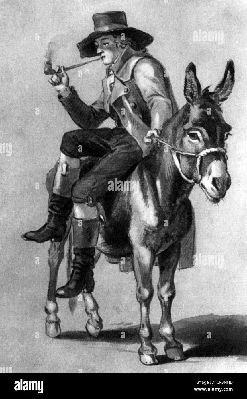 Schiller, Friedrich, 10.11.1759 - 9.5.1805, German author / writer, poet, full length, sitting on a donkey, drawing by Johann Christian Reinhart, 1791, Stock Photo