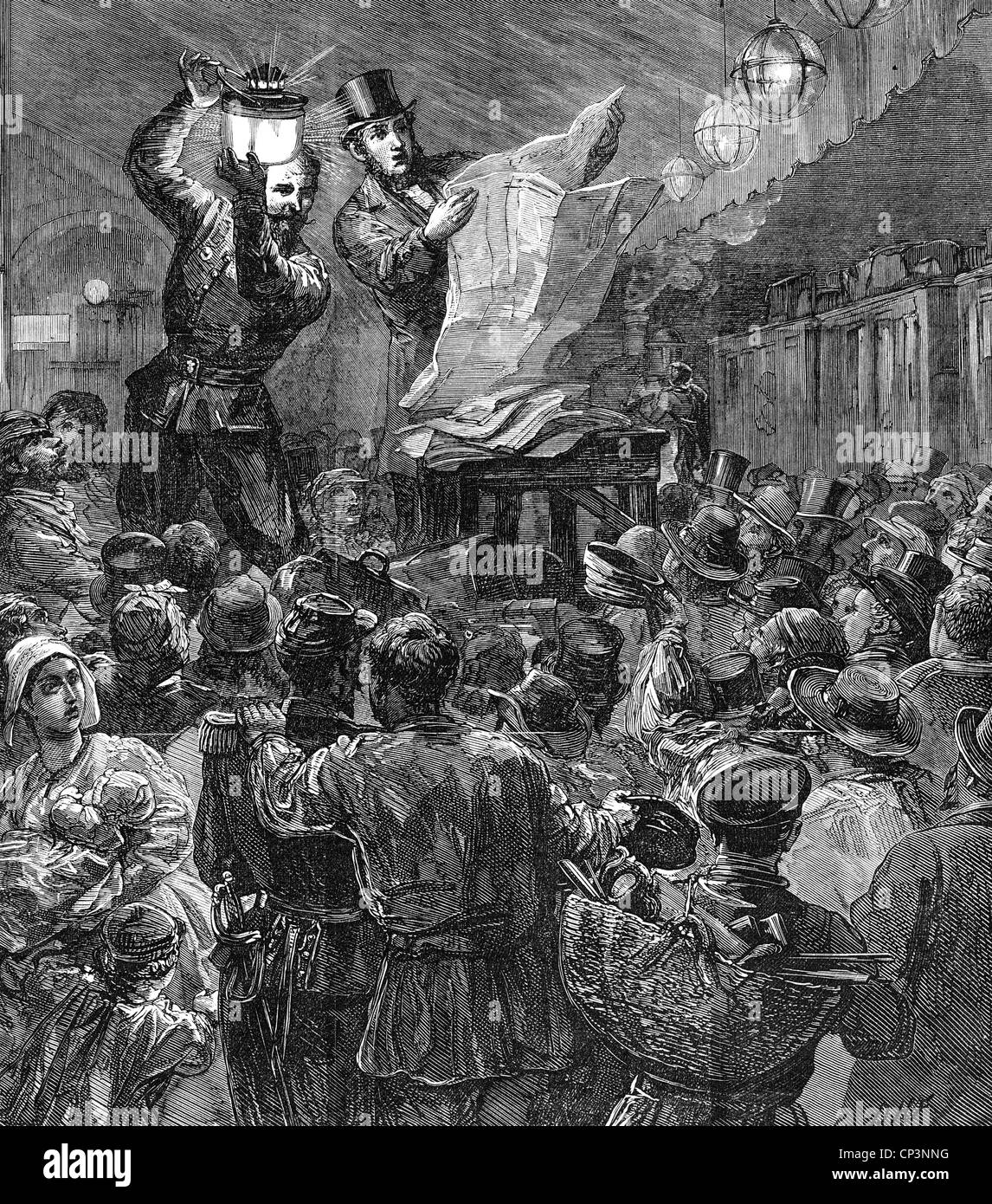 events, Franco-Prussian War 1870 - 1871, outbreak, reading of the Declaration of War on a railway station in France, 19.7.1870, contemporary wood engraving, people, crowd, politics, 19th century, Franco - Prussian, historic, historical, Additional-Rights-Clearences-Not Available Stock Photo